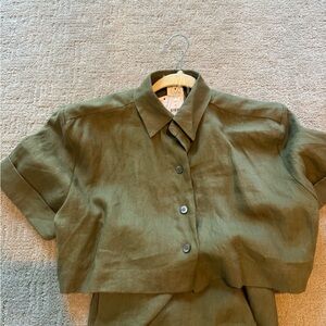 Hevron Olive Green Crop Button-Up Linen shirt dress